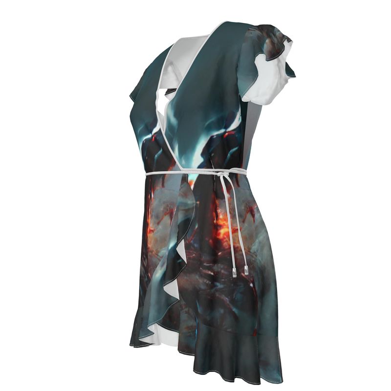 Wrath - Dark Blue, Orange & Red Flounce Hem & Armholes, Waist Tie, Wrap Design, Fashion Crepe Or Smooth Crepe Tea Dress