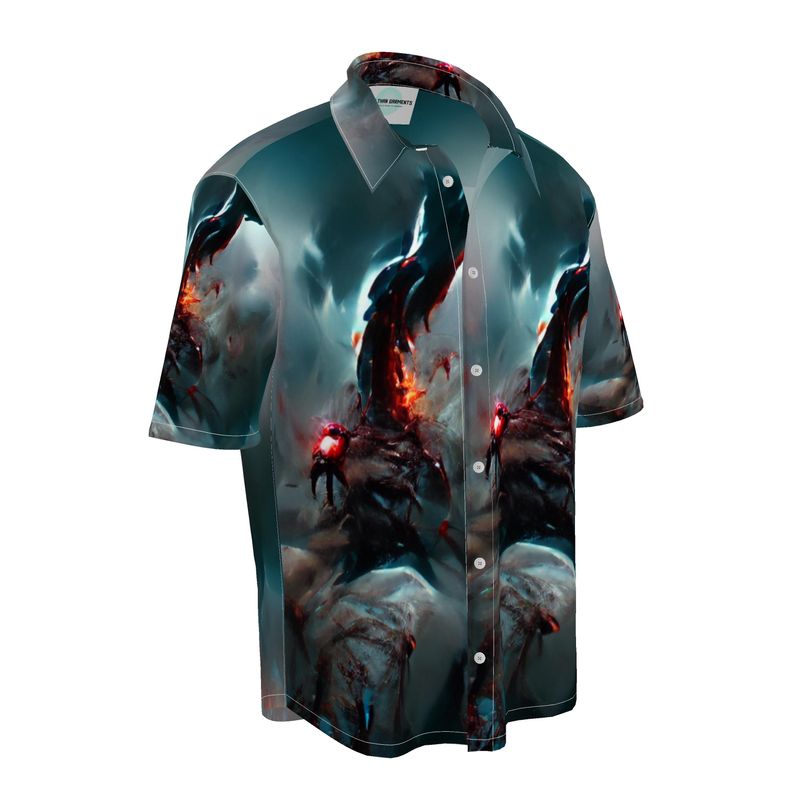 Wrath - Dark Blue, Orange & Red Short Sleeve Button Up, Mother Of Pearl Buttons, Breathable Fabric, Men's Short Sleeve Shirt