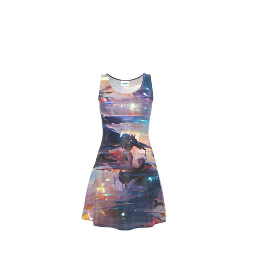 Pensiveness - Multi Coloured Crush Velour - Stretchy & Shimmery Chain Jersey - Lightweight & Breathable A-Line Skater Dress