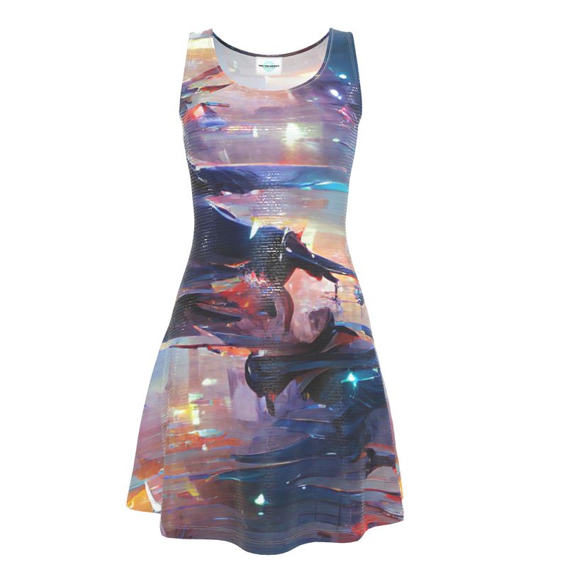 Pensiveness - Multi Coloured Crush Velour - Stretchy & Shimmery Chain Jersey - Lightweight & Breathable A-Line Skater Dress