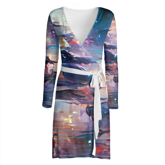 Pensiveness - Multi Coloured Above Knee Wraparound Dress, V-Neck Long Sleeves, Wrap Dress