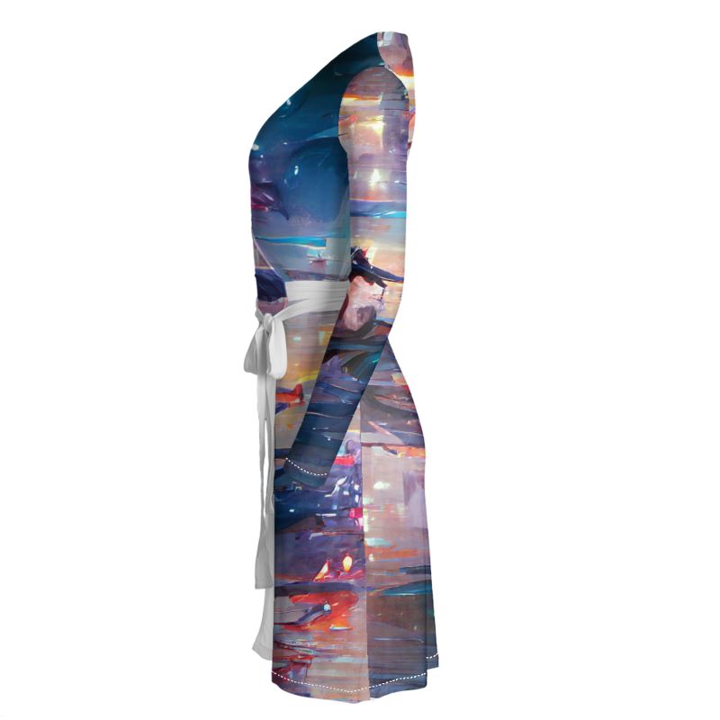 Pensiveness - Multi Coloured Above Knee Wraparound Dress, V-Neck Long Sleeves, Wrap Dress