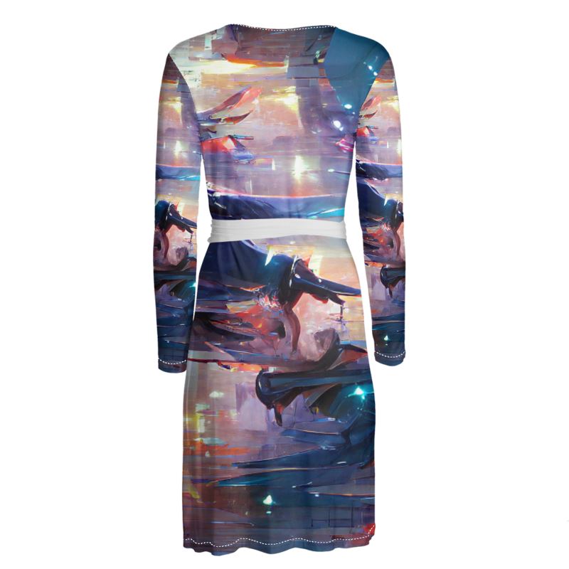 Pensiveness - Multi Coloured Above Knee Wraparound Dress, V-Neck Long Sleeves, Wrap Dress