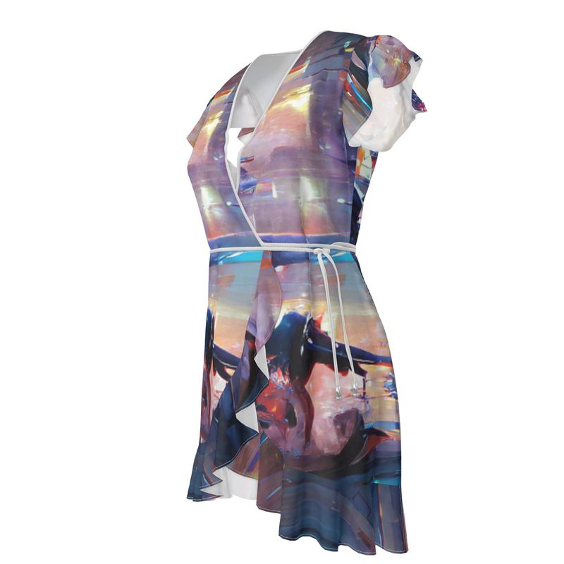 Pensiveness - Multi Coloured Flounce Hem & Armholes, Waist Tie, Wrap Design, Fashion Crepe Or Smooth Crepe Tea Dress