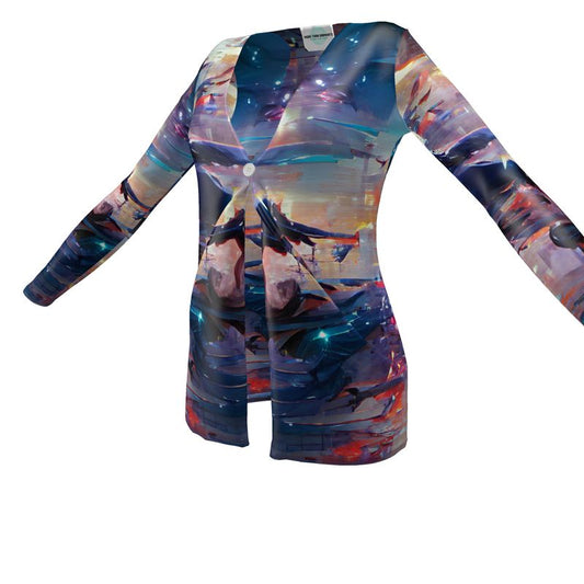Pensiveness - Multi Coloured Drop Pockets & Waterfall Front V-Neck, Long Sleeves, Single Button, Jersey Knit Fabric, Ladies Cardigan With Pockets