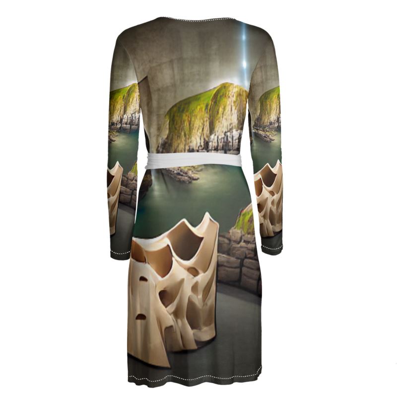 Monumental Cavern - Brown Above Knee Wraparound Dress, V-Neck Long Sleeves, Wrap Dress