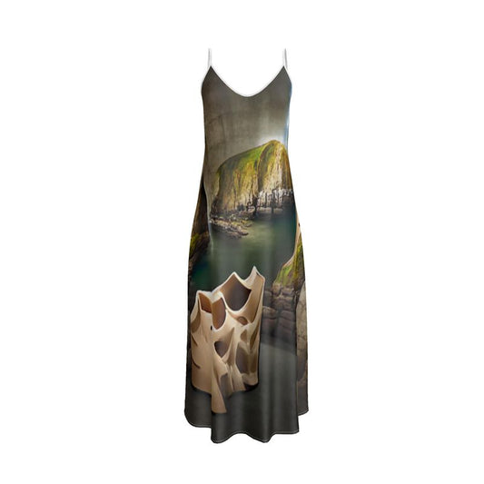 Monumental Cavern - Brown Tapered Waist, Flared Bottom Slip Dress