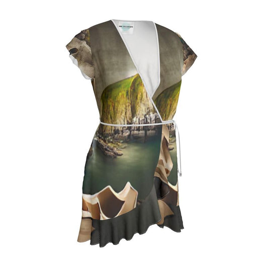 Monumental Cavern - Brown Flounce Hem & Armholes, Waist Tie, Wrap Design, Fashion Crepe Or Smooth Crepe Tea Dress