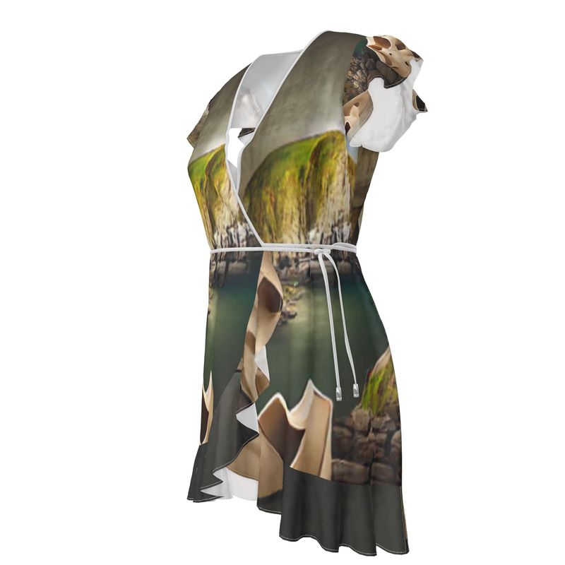 Monumental Cavern - Brown Flounce Hem & Armholes, Waist Tie, Wrap Design, Fashion Crepe Or Smooth Crepe Tea Dress