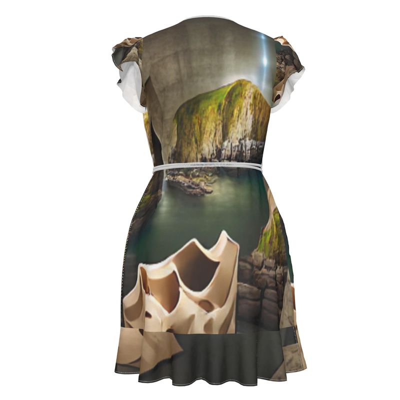 Monumental Cavern - Brown Flounce Hem & Armholes, Waist Tie, Wrap Design, Fashion Crepe Or Smooth Crepe Tea Dress