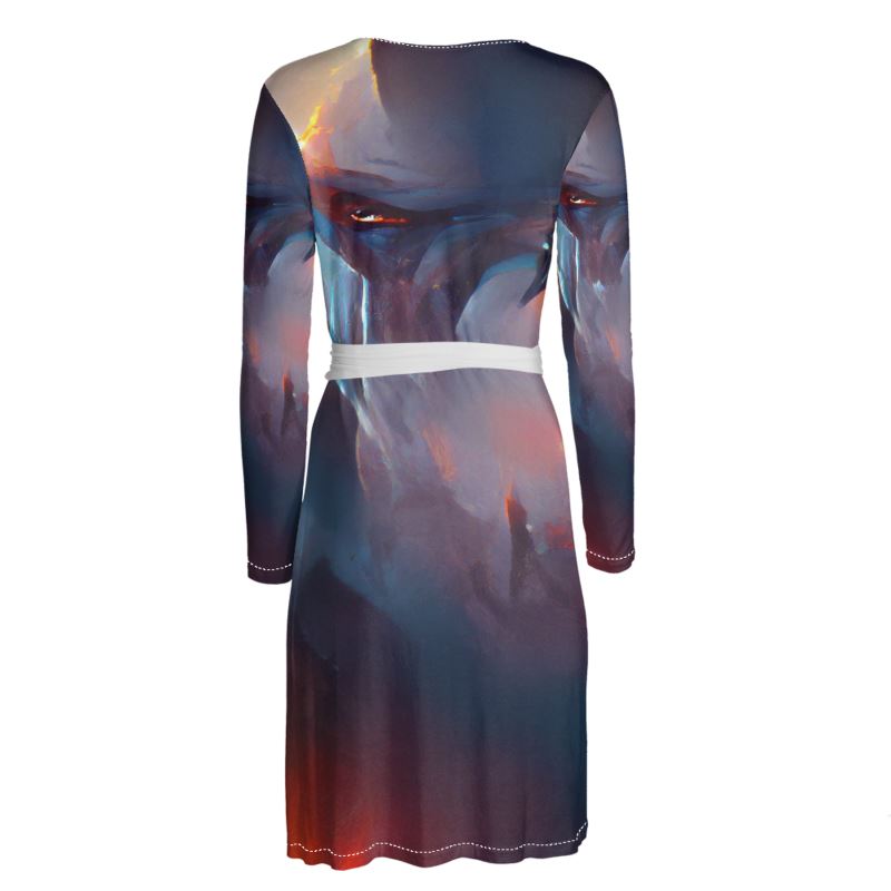 Worthy - Purple & Red Above Knee Wraparound Dress, V-Neck Long Sleeves, Wrap Dress