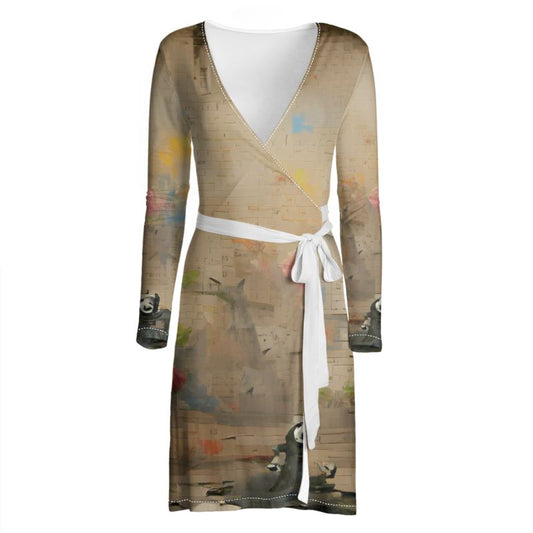 Overwhelmed - Beige Above Knee Wraparound Dress, V-Neck Long Sleeves, Wrap Dress