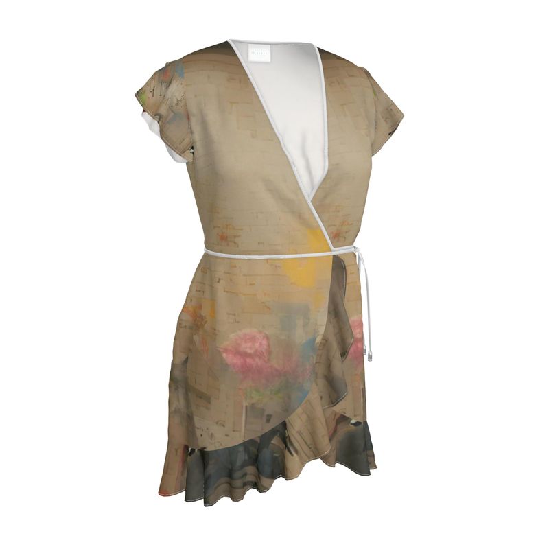 Overwhelmed - Beige Flounce Hem & Armholes, Waist Tie, Wrap Design, Fashion Crepe Or Smooth Crepe Tea Dress