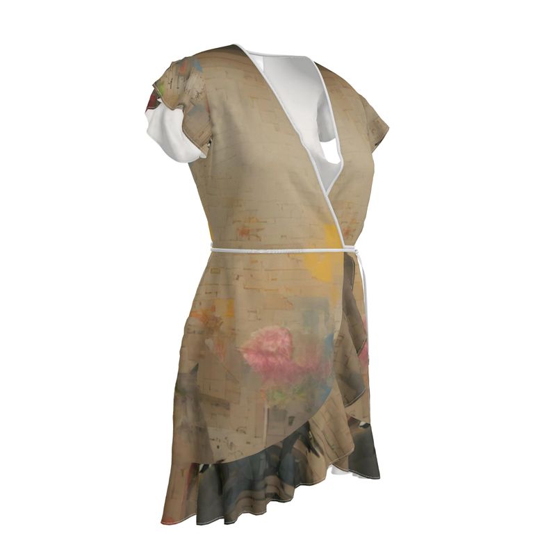 Overwhelmed - Beige Flounce Hem & Armholes, Waist Tie, Wrap Design, Fashion Crepe Or Smooth Crepe Tea Dress