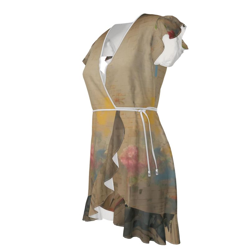 Overwhelmed - Beige Flounce Hem & Armholes, Waist Tie, Wrap Design, Fashion Crepe Or Smooth Crepe Tea Dress