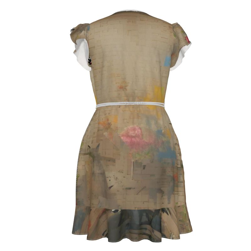 Overwhelmed - Beige Flounce Hem & Armholes, Waist Tie, Wrap Design, Fashion Crepe Or Smooth Crepe Tea Dress