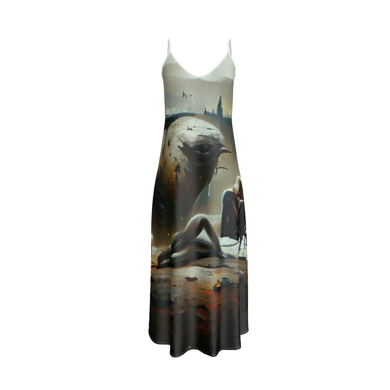 Lonely - Dark Grey & Brown Tapered Waist, Flared Bottom Slip Dress