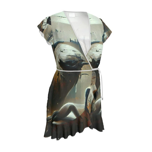 Lonely - Dark Grey & Brown Flounce Hem & Armholes, Waist Tie, Wrap Design, Fashion Crepe Or Smooth Crepe Tea Dress