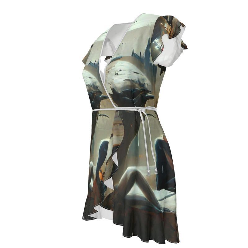 Lonely - Dark Grey & Brown Flounce Hem & Armholes, Waist Tie, Wrap Design, Fashion Crepe Or Smooth Crepe Tea Dress