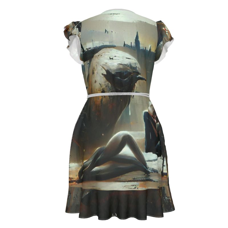 Lonely - Dark Grey & Brown Flounce Hem & Armholes, Waist Tie, Wrap Design, Fashion Crepe Or Smooth Crepe Tea Dress