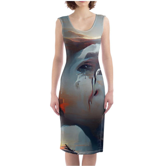 Sorrow - Light Blue, Red and Grey Silky, Slim Fit Split Leg Bodycon Dress