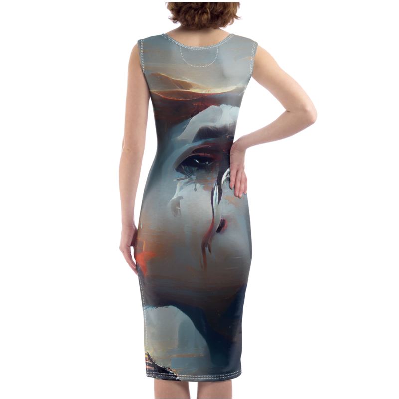 Sorrow - Light Blue, Red and Grey Silky, Slim Fit Split Leg Bodycon Dress