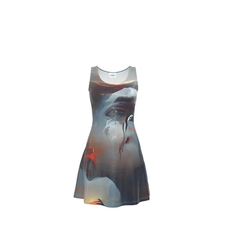 Sorrow - Light Blue, Red and Grey Crush Velour - Stretchy & Shimmery Chain Jersey - Lightweight & Breathable A-Line Skater Dress