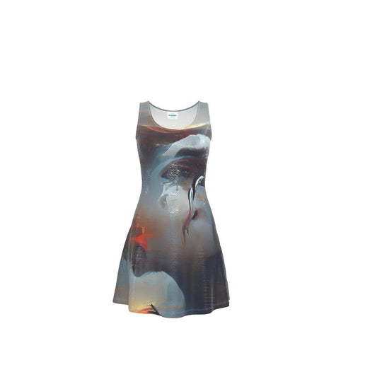 Sorrow - Light Blue, Red and Grey Crush Velour - Stretchy & Shimmery Chain Jersey - Lightweight & Breathable A-Line Skater Dress
