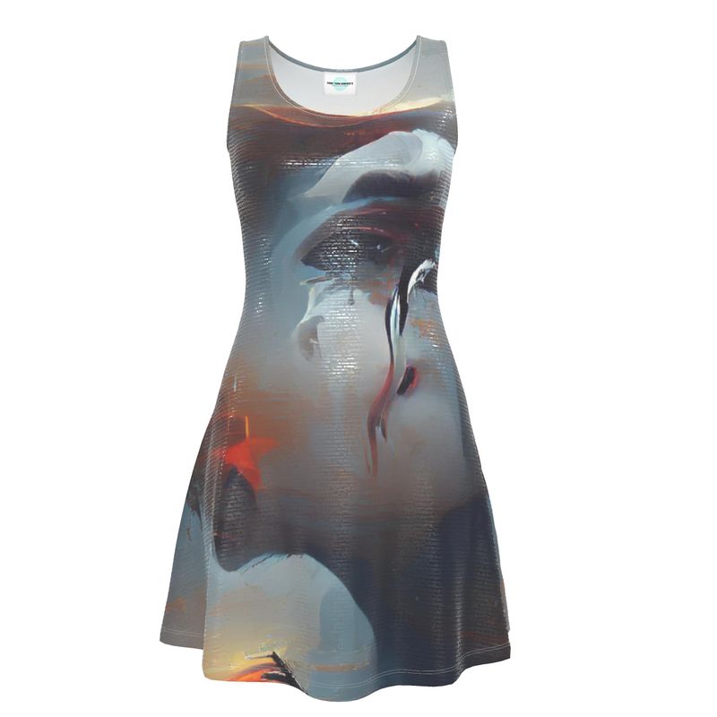 Sorrow - Light Blue, Red and Grey Crush Velour - Stretchy & Shimmery Chain Jersey - Lightweight & Breathable A-Line Skater Dress