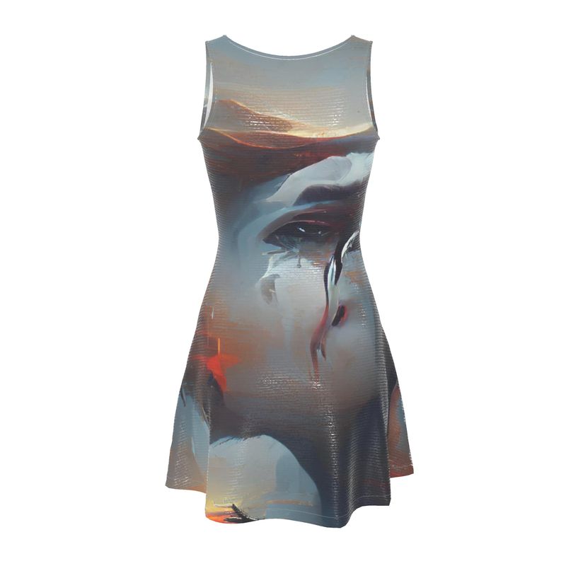 Sorrow - Light Blue, Red and Grey Crush Velour - Stretchy & Shimmery Chain Jersey - Lightweight & Breathable A-Line Skater Dress