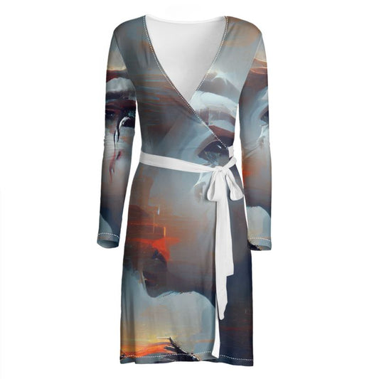 Sorrow - Light Blue, Red and Grey Above Knee Wraparound Dress, V-Neck Long Sleeves, Wrap Dress