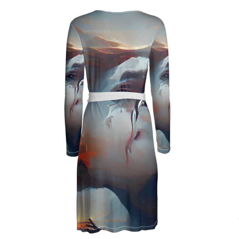 Sorrow - Light Blue, Red and Grey Above Knee Wraparound Dress, V-Neck Long Sleeves, Wrap Dress