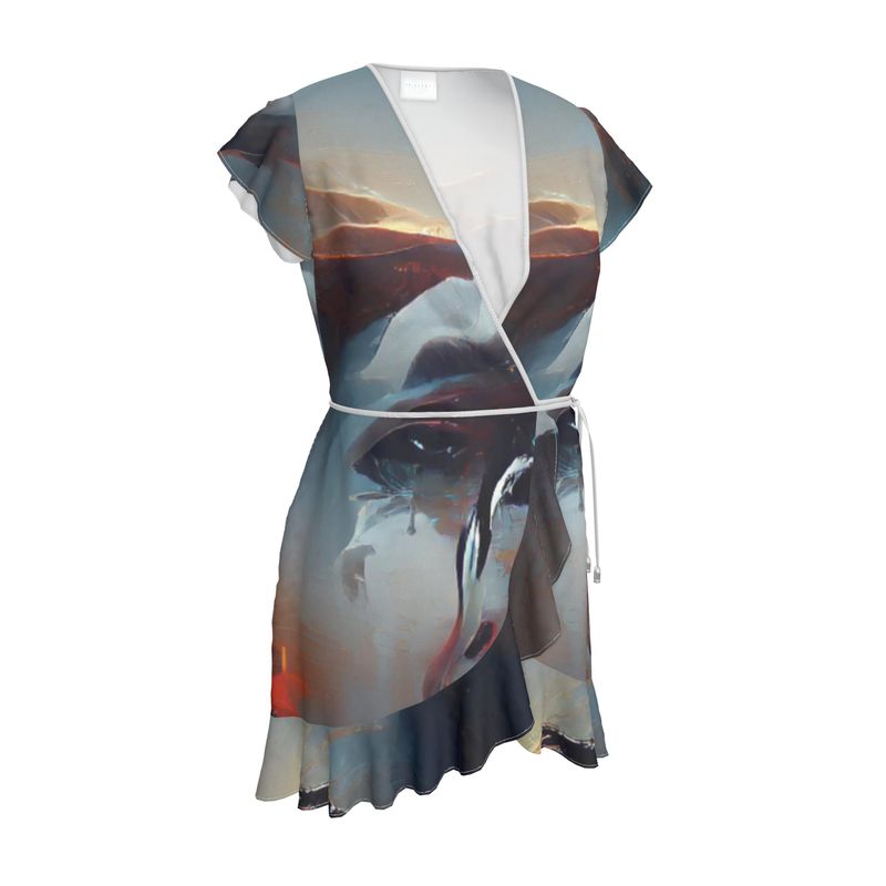 Sorrow - Light Blue, Red and Grey Flounce Hem & Armholes, Waist Tie, Wrap Design, Fashion Crepe Or Smooth Crepe Tea Dress