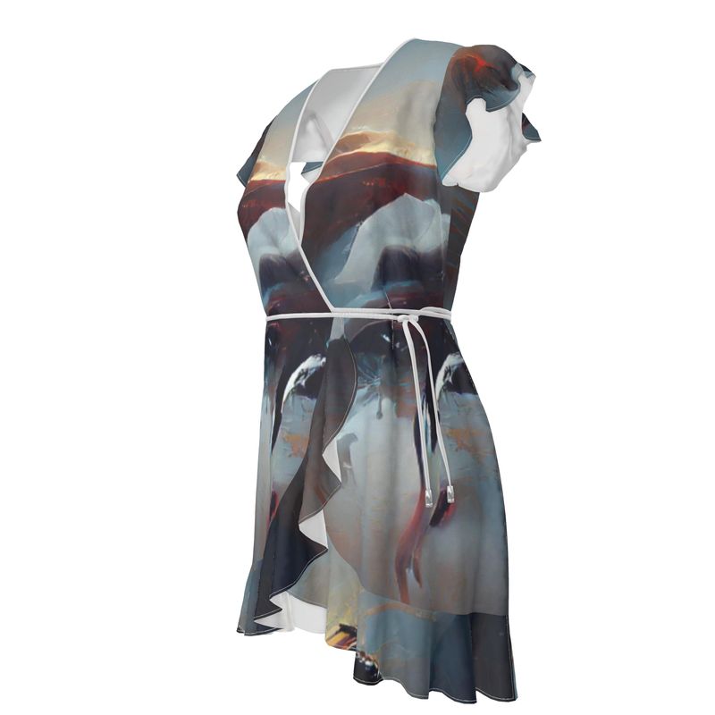 Sorrow - Light Blue, Red and Grey Flounce Hem & Armholes, Waist Tie, Wrap Design, Fashion Crepe Or Smooth Crepe Tea Dress