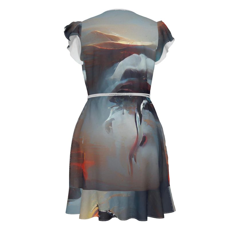 Sorrow - Light Blue, Red and Grey Flounce Hem & Armholes, Waist Tie, Wrap Design, Fashion Crepe Or Smooth Crepe Tea Dress