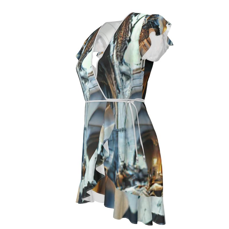 Astonished - Gold Brown & Blue Flounce Hem & Armholes, Waist Tie, Wrap Design, Fashion Crepe Or Smooth Crepe Tea Dress