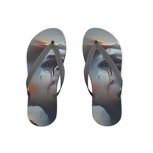 Sorrow - Light Blue, Red and Grey Plastic Straps, Covered With Poly-Satin, Sturdy Foam Base Flip Flops