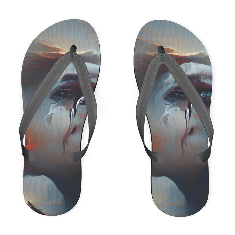 Sorrow - Light Blue, Red and Grey Plastic Straps, Covered With Poly-Satin, Sturdy Foam Base Flip Flops