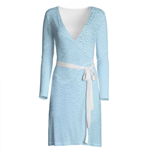 Blue Concrete Wall - Light Blue Above Knee Wraparound Dress, V-Neck Long Sleeves, Wrap Dress