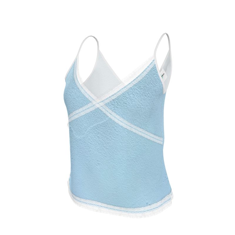 Blue Concrete Wall - Light Blue V-Neck Front And Back Eyelash Lace Trim Cami