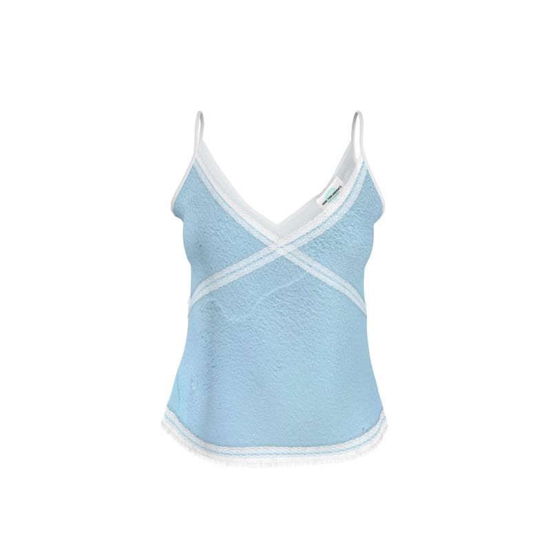 Blue Concrete Wall - Light Blue V-Neck Front And Back Eyelash Lace Trim Cami