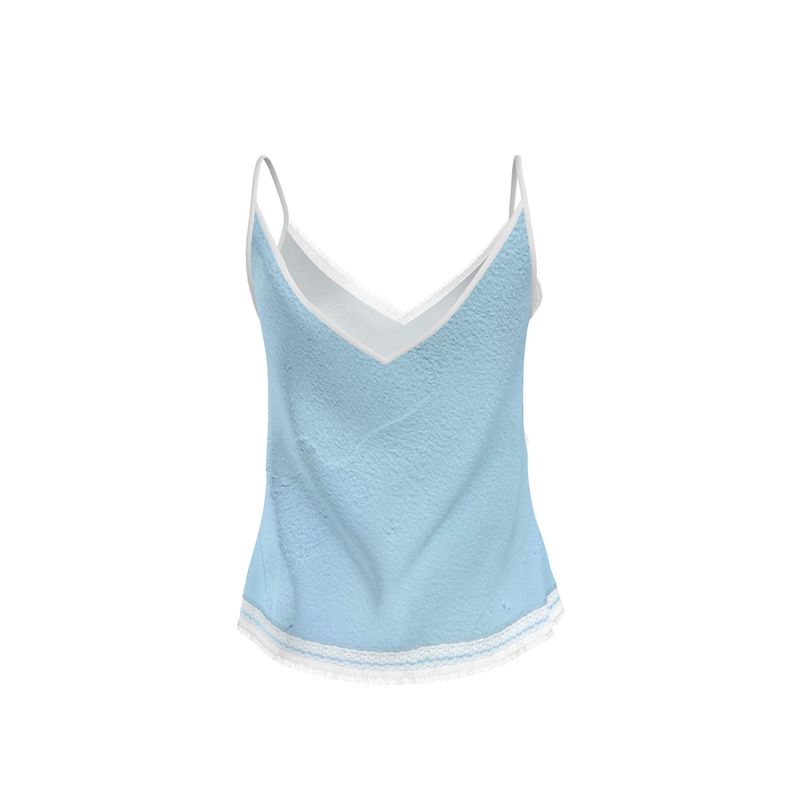 Blue Concrete Wall - Light Blue V-Neck Front And Back Eyelash Lace Trim Cami