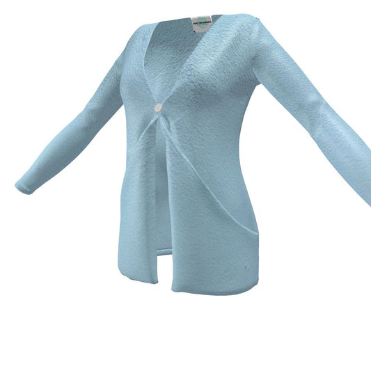 Blue Concrete Wall - Light Blue Drop Pockets & Waterfall Front V-Neck, Long Sleeves, Single Button, Jersey Knit Fabric, Ladies Cardigan With Pockets