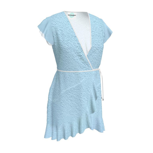 Blue Concrete Wall - Light Blue Flounce Hem & Armholes, Waist Tie, Wrap Design, Fashion Crepe Or Smooth Crepe Tea Dress