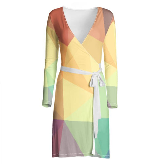 Stained Glass Window - Multi Coloured Above Knee Wraparound Dress, V-Neck Long Sleeves, Wrap Dress