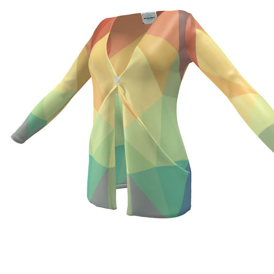 Stained Glass Window - Multi Coloured Drop Pockets & Waterfall Front V-Neck, Long Sleeves, Single Button, Jersey Knit Fabric, Ladies Cardigan With Pockets