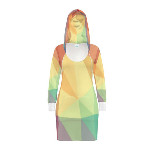 Stained Glass Window - Multi Coloured Kangaroo Front Pocket, Mini Dress With Long Sleeves, Hooded Dress With Drawstring, Rox Sports Or Ponte Jersey Hoodie Dress