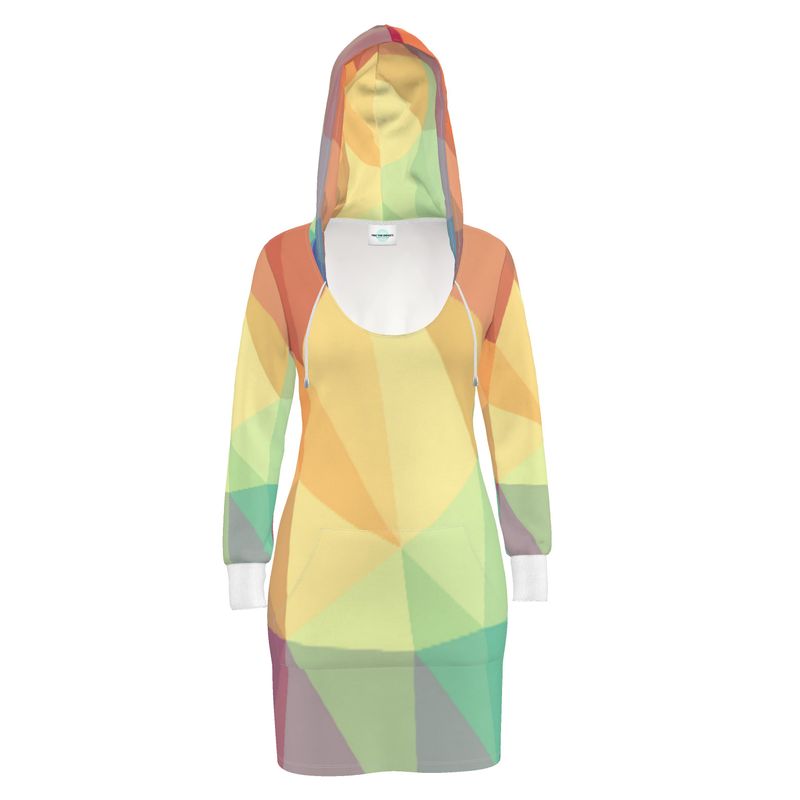 Stained Glass Window - Multi Coloured Kangaroo Front Pocket, Mini Dress With Long Sleeves, Hooded Dress With Drawstring, Rox Sports Or Ponte Jersey Hoodie Dress