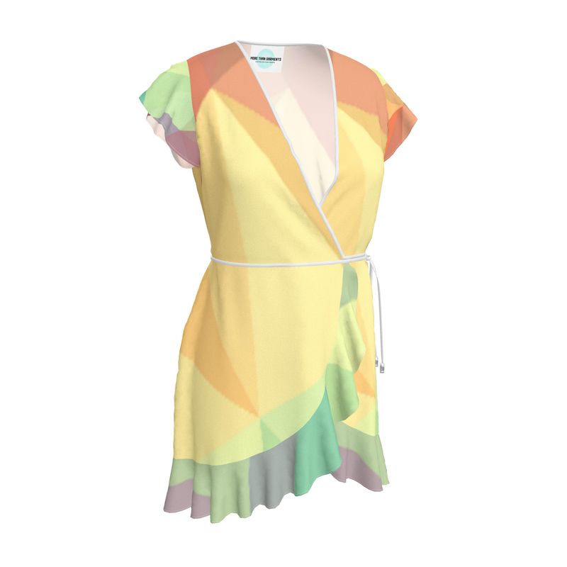 Stained Glass Window - Multi Coloured Flounce Hem & Armholes, Waist Tie, Wrap Design, Fashion Crepe Or Smooth Crepe Tea Dress