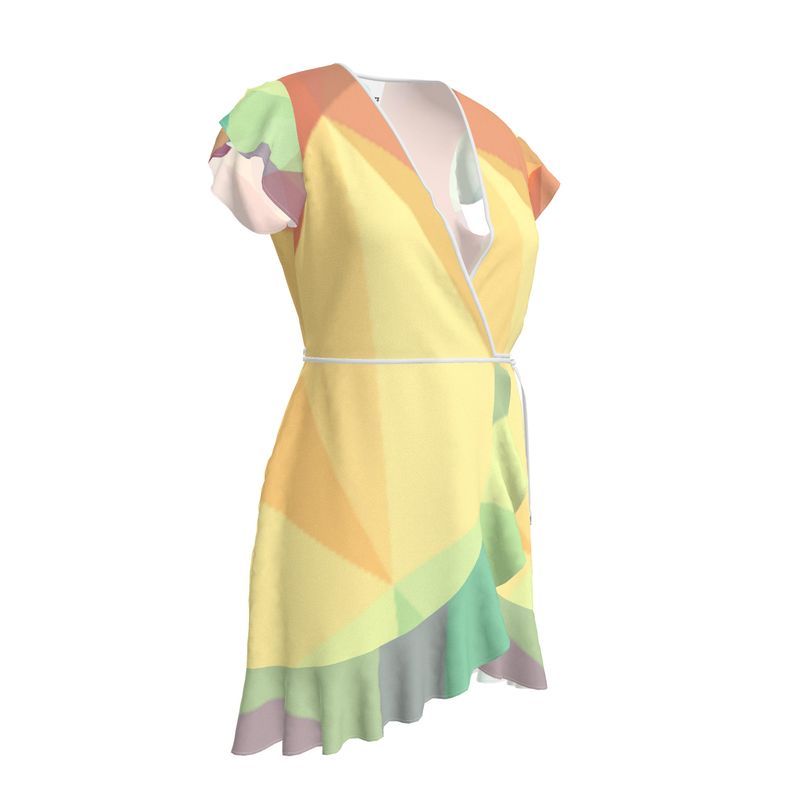 Stained Glass Window - Multi Coloured Flounce Hem & Armholes, Waist Tie, Wrap Design, Fashion Crepe Or Smooth Crepe Tea Dress